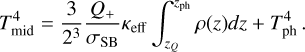Mathematical equation: $\[T_{\mathrm{mid}}^4=\frac{3}{2^3} \frac{Q_{+}}{\sigma_{\mathrm{SB}}} \kappa_{\mathrm{eff}} \int_{z_Q}^{z_{\mathrm{ph}}} \rho(z) d z+T_{\mathrm{ph}}^4.\]$