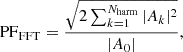 Mathematical equation: $$ \begin{aligned} \mathrm{PF}_{\mathrm{FFT} } = \frac{\sqrt{2\sum _{k=1}^{N_\mathrm{harm} } |A_k|^2}}{|A_0|}, \end{aligned} $$