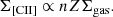 Mathematical equation: $$ \begin{aligned} \Sigma _{\rm [CII]} \propto n Z\Sigma _{\rm gas}. \end{aligned} $$