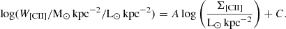 Mathematical equation: $$ \begin{aligned} \log (W_{\rm [CII]}/\mathrm{M_{\odot }\,kpc^{-2}/L_{\odot }\,kpc^{-2}}) = A \log \left(\frac{\Sigma _{\rm [CII]}}{{\mathrm{L}_{\odot }\,\mathrm{kpc}^{-2}}}\right) + C. \end{aligned} $$