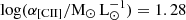 Mathematical equation: $ \log(\alpha_{\mathrm{[CII]}}/\mathrm{M_{\odot}\,L_{\odot}^{-1}}) = 1.28 $