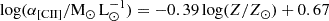 Mathematical equation: $$ \begin{aligned} \log (\alpha _{\rm [CII]}/\mathrm{M_{\odot }\,L_{\odot }^{-1}}) = -0.39 \log (Z/Z_{\odot }) + 0.67 \end{aligned} $$