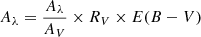 Mathematical equation: $$ \begin{aligned} A_{\lambda } = \frac{A_{\lambda }}{A_{V}} \times R_{V} \times E(B-V) \end{aligned} $$