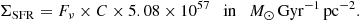 Mathematical equation: $$ \begin{aligned} \Sigma _{\rm SFR} = F_{\nu } \times C \times 5.08 \times 10^{57} \quad \mathrm{in} \quad {M}_{\odot }\,\mathrm{Gyr}^{-1}\,\mathrm{pc}^{-2}. \end{aligned} $$