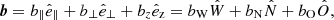 Mathematical equation: $$ \begin{aligned} \boldsymbol{b}=b_\parallel \hat{e}_\parallel + b_\perp \hat{e}_\perp + b_z \hat{e}_\mathrm{z} = b_\mathrm{W} \hat{W} + b_\mathrm{N} \hat{N} + b_\mathrm{O} \hat{O}, \end{aligned} $$