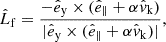 Mathematical equation: $$ \begin{aligned} \hat{L}_{\mathrm{f} } = \frac{-\hat{e}_\mathrm{y} \times (\hat{e}_\parallel + \alpha \hat{v}_\mathrm{k} )}{|\hat{e}_\mathrm{y} \times (\hat{e}_\parallel + \alpha \hat{v}_\mathrm{k} )|}, \end{aligned} $$