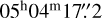 Mathematical equation: $\[05^{\mathrm{h}} 04^{\mathrm{m}} 17^{\prime\prime}_\cdot2\]$