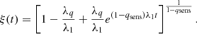 Mathematical equation: $$ \begin{aligned} \xi (t) = \left[1 - \frac{\lambda _q}{\lambda _1} + \frac{\lambda _q}{\lambda _1} e^{(1 - q_{\rm sens})\lambda _1 t} \right]^{\frac{1}{1 - q_{\rm sens}}}. \end{aligned} $$