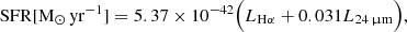 Mathematical equation: $$ \begin{aligned} \mathrm{SFR}[\mathrm{M}_\odot \,\mathrm{yr}^{-1} ] = 5.37\times 10^{-42} \Bigl ( L_{\rm H\alpha } + 0.031 L_{24\,{\upmu }\mathrm{m}} \Bigr ), \end{aligned} $$