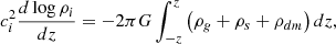 Mathematical equation: $$ \begin{aligned} c_i^2{{d\log \rho _i}\over {dz}}=-2\pi G\int _{-z}^{z}\left(\rho _g+\rho _s+\rho _{dm}\right)dz ,\end{aligned} $$
