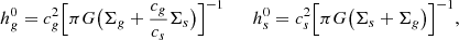 Mathematical equation: $$ \begin{aligned} h_g^0 = {c_g^2} \Bigl [{\pi G } \bigl (\Sigma _g+{c_g\over c_s}\Sigma _s\bigr ) \Bigr ]^{-1} \qquad h_s^0 = { c_s^2} \Bigl [{\pi G} \bigl (\Sigma _s+\Sigma _g\bigr ) \Bigr ]^{-1} ,\end{aligned} $$