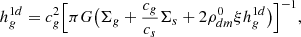 Mathematical equation: $$ \begin{aligned} h_g^{1d} = {c_g^2} \Bigl [{\pi G } \bigl (\Sigma _g+{c_g\over c_s}\Sigma _s + 2 \rho _{dm}^0\xi h_g^{1d} \bigr ) \Bigr ]^{-1} ,\end{aligned} $$