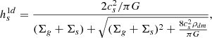 Mathematical equation: $$ \begin{aligned} h_s^{1d} ={2 c_s^2 /\pi G \over (\Sigma _g +\Sigma _s)+ \sqrt{(\Sigma _g +\Sigma _s)^2+ {8 c_s^2 \rho _{dm} \over \pi G} }} ,\end{aligned} $$