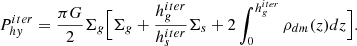 Mathematical equation: $$ \begin{aligned} P_{hy}^{iter} = {\pi G \over 2} \Sigma _g \Bigl [\Sigma _g + {h^{iter}_g\over h^{iter}_s} \Sigma _s + 2\int ^{h_g^{iter}}_0{\rho _{dm}(z) dz} \Bigr ].\end{aligned} $$