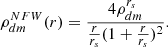 Mathematical equation: $$ \begin{aligned} \rho _{dm}^{NFW}(r) = {4 \rho _{dm}^{r_s} \over {r\over r_s} (1+{r\over r_s})^2 } .\end{aligned} $$