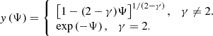Mathematical equation: $$ \begin{aligned} y\left(\Psi \right)= {\left\{ \begin{array}{ll} \displaystyle \left[1-(2-\gamma )\Psi \right]^{1/(2-\gamma )},\quad \gamma \ne 2.\\ \displaystyle \exp \left(-\Psi \right),\quad \gamma =2. \end{array}\right.} \end{aligned} $$