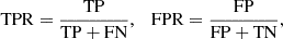 Mathematical equation: $$ \begin{aligned} \mathrm{TPR} = \frac{\mathrm{TP} }{\mathrm{TP} + \mathrm{FN} }, \quad \mathrm{FPR} = \frac{\mathrm{FP} }{\mathrm{FP} + \mathrm{TN} } , \end{aligned} $$