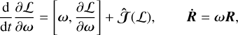 Mathematical equation: $\matrix{ {{d \over {dt}}{{\partial L} \over {\partial \omega }} = \left[ {\omega ,{{\partial L} \over {\partial \omega }}} \right] + \hat J\left( L \right),} & {\dot R = \omega R} \cr } ,$