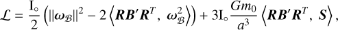 Mathematical equation: $L = {{{I_ \circ }} \over 2}\left( {{{\left\| {{\omega _B}} \right\|}^2} - 2\left\langle {RB'\,{R^T},\,\omega _B^2} \right\rangle } \right) + 3{I_ \circ }{{G{m_0}} \over {{a^3}}}\left\langle {RB'\,{R^T},\,S} \right\rangle ,$