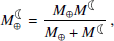 Mathematical equation: $$ \begin{aligned}&M_{\oplus }^{\leftmoon}=\frac{M_{\oplus }M^{\leftmoon}}{M_{\oplus }+M^{\leftmoon}}\, , \end{aligned} $$