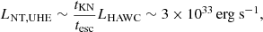 Mathematical equation: $$ \begin{aligned} L_{\mathrm{NT,UHE} }\sim \frac{t_{\mathrm{KN} }}{t_{\mathrm{esc} }}L_{\mathrm{HAWC} }\sim 3\times 10^{33}\,{\mathrm{erg~s} }^{-1}, \end{aligned} $$