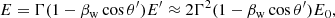 Mathematical equation: $$ \begin{aligned} E=\Gamma (1-\beta _{\mathrm{w} }\cos \theta ^{\prime })E^{\prime }\approx 2\Gamma ^2(1-\beta _{\mathrm{w} }\cos \theta ^{\prime })E_0, \end{aligned} $$