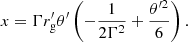 Mathematical equation: $$ \begin{aligned} x=\Gamma r^{\prime }_{\rm g}\theta ^{\prime }\left(-\frac{1}{2\Gamma ^2}+\frac{\theta ^{\prime 2}}{6}\right). \end{aligned} $$