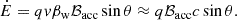 Mathematical equation: $$ \begin{aligned} \dot{E}=qv\beta _{\mathrm{w} } \mathcal{B}_{\rm acc}\sin \theta \approx q\mathcal{B}_{\rm acc}c\sin \theta . \end{aligned} $$