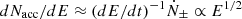 Mathematical equation: $ dN_{\mathrm{acc}}/dE\approx (dE/dt)^{-1}\dot{N}_{\pm}\propto E^{1/2} $