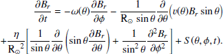 Mathematical equation: $$ \begin{aligned} \frac{\partial B_{r}}{\partial t} = - \omega (\theta )\frac{\partial B_{r}}{\partial \phi } - \frac{1}\mathrm{R_\odot \,\sin \theta }\frac{\partial }{\partial \theta }\Big (v(\theta )B_{r}\sin \theta \Big ) \nonumber \\ + \frac{\eta }\mathrm{R_\odot ^{2}}\Bigg [\frac{1}{\sin \theta }\frac{\partial }{\partial \theta }\left(\sin \theta \frac{\partial B_{r}}{\partial \theta } \right) + \frac{1}{\sin ^{2}\theta }\frac{ \partial ^{2} B_{r}}{\partial \phi ^{2}}\Bigg ] + S(\theta ,\phi ,t). \end{aligned} $$