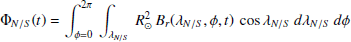Mathematical equation: $$ \begin{aligned} \Phi _{N/S}(t) = \int _{\phi =0}^{2\pi }\,\int _{\lambda _{N/S}}^ \, R_\odot ^{2}\,B_r(\lambda _{N/S},\phi ,t)\,\cos \lambda _{N/S}\,d\lambda _{N/S}\,d\phi \end{aligned} $$