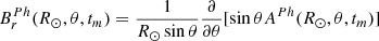 Mathematical equation: $$ \begin{aligned} B^{Ph}_r(R_{\odot },\theta ,t_{m})=\dfrac{1}{R_{\odot } \sin \theta } \dfrac{\partial }{\partial \theta } [\sin \theta A^{Ph}(R_{\odot },\theta ,t_{m})] \end{aligned} $$