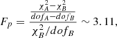$$ \begin{aligned} F_p = \frac{\frac{\chi ^2_A - \chi ^2_B}{dof_A - dof_B}}{\chi ^2_B/dof_B} \sim 3.11, \end{aligned} $$