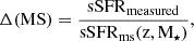 Mathematical equation: $$ \begin{aligned} \Delta (\mathrm {MS}) = \frac\mathrm{sSFR_{measured}}\mathrm{sSFR_{ms}(z,M_{\star })}, \end{aligned} $$