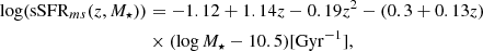 Mathematical equation: $$ \begin{aligned} \begin{aligned} \log (\mathrm {sSFR}_{ms} (z, M_{\star }))&= -1.12 + 1.14z - 0.19z^2 - (0.3 + 0.13z) \\&\times (\log M_{\star } - 10.5) \mathrm {[Gyr^{-1}]}, \end{aligned} \end{aligned} $$