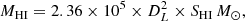 Mathematical equation: $$ \begin{aligned} M_{\rm HI} = 2.36 \times 10^5 \times D_L^2 \times S_{\rm HI}\, M_{\odot }, \end{aligned} $$