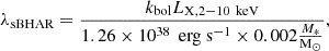 Mathematical equation: $$ \begin{aligned} \lambda _{\text{sBHAR}} = \frac{k_{\text{bol}} L_{\rm X,2-10\,\text{ keV}}}{1.26 \times 10^{38}\, \text{ erg} \text{ s}^{-1} \times 0.002 \frac{M_*}{\mathrm{M_\odot }}}, \end{aligned} $$