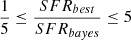 Mathematical equation: $ \frac{1}{5} \le \frac{SFR_{best}}{SFR_{bayes}} \le 5 $