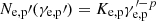 Mathematical equation: $ N_{\mathrm{e,p}}\prime(\gamma_{\mathrm{e,p}}\prime)= K_{\mathrm{e,p}} \gamma_{\mathrm{e,p}}^{\prime -p} $