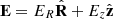 Mathematical equation: $$ \begin{aligned} \mathbf E&= E_{R} \hat{\mathbf{R }} + E_{z} \hat{\mathbf{z }}\end{aligned} $$