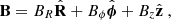 Mathematical equation: $$ \begin{aligned} \mathbf B&= B_{R} \hat{\mathbf{R }} + B_{\phi } \hat{\boldsymbol{\phi }} +B_{z} \hat{\mathbf{z }} \;, \end{aligned} $$