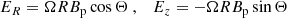 Mathematical equation: $$ \begin{aligned} E_{R}&= \Omega R B_{\rm p} \cos \Theta \;,&E_{z}&= -\Omega R B_{\rm p} \sin \Theta \end{aligned} $$