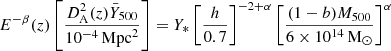 Mathematical equation: $$ \begin{aligned} E^{-\beta }(z)\left[\frac{D_{\mathrm{A} }^2(z) \bar{Y}_{500}}{10^{-4}\,\mathrm{Mpc} ^2}\right] = Y_*\left[\frac{h}{0.7}\right]^{-2+\alpha }\left[\frac{(1-b) M_{500}}{6 \times 10^{14}\,\mathrm{M} _{\odot }}\right]^\alpha \end{aligned} $$