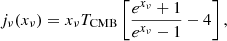 Mathematical equation: $$ \begin{aligned} j_\nu (x_\nu ) = x_\nu T_{\mathrm{CMB} } \left[\frac{e^{x_\nu }+1}{e^{x_\nu }-1} - 4\right], \end{aligned} $$