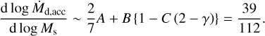 Mathematical equation: \begin{align} \frac{\mathrm{d} \log \dot{M}_\mathrm{d, acc} }{\mathrm{d} \log M_\mathrm{s}} \sim {\frac{2}{7} A +B \left\{ 1- C \left( 2 - \gamma \right) \right\} } = \frac{39}{112}. \end{align}