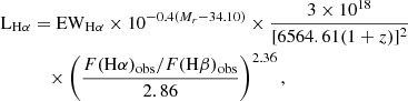 Mathematical equation: $$ \begin{aligned} \mathrm{L} _{\mathrm{H} \alpha }&= \mathrm{EW} _{\mathrm{H} \alpha } \times 10^{-0.4\left(M_r-34.10\right)} \times \frac{3 \times 10^{18}}{[6564.61(1+z)]^2}\nonumber \\&\quad \times \left(\frac{F(\mathrm{H} \alpha )_{\mathrm{obs} } / F(\mathrm{H} \beta )_{\mathrm{obs} }}{2.86}\right)^{2.36}, \end{aligned} $$