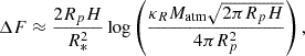 Mathematical equation: $$ \begin{aligned} \Delta F \approx \dfrac{2 R_p H}{R_*^2} \log \left( \dfrac{ \kappa _R M_{\rm atm} \sqrt{2\pi R_p H} }{ 4\pi R_p^2 } \right), \end{aligned} $$
