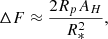 Mathematical equation: $$ \begin{aligned} \Delta F \approx \dfrac{2 R_p A_H}{R_*^2}, \end{aligned} $$