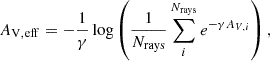 Mathematical equation: $$ \begin{aligned} A_{\rm V,eff} = -\frac{1}{\gamma } \log \left(\frac{1}{N_{\rm rays}} \sum _i^{N_{\rm rays}} e^{-\gamma A_{V,i}} \right), \end{aligned} $$
