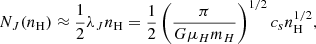 Mathematical equation: $$ \begin{aligned} N_J(n_{\rm H}) \approx \frac{1}{2}\lambda _J n_{\rm H} = \frac{1}{2}\left( \frac{\pi }{G\mu _H m_H} \right)^{1/2} c_s n_{\rm H}^{1/2}, \end{aligned} $$